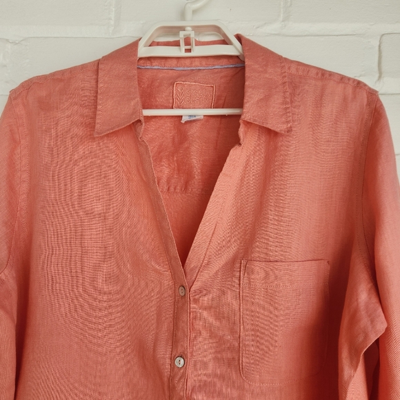Sigrid Olsen 100% Linen Top Salmon Collared V Neck Roll Tab Sleeves Size Large - Picture 2 of 6